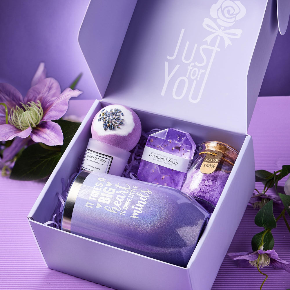 LE CADEAU lavender bath salts closeup emphasizes spa-like pampering after school.