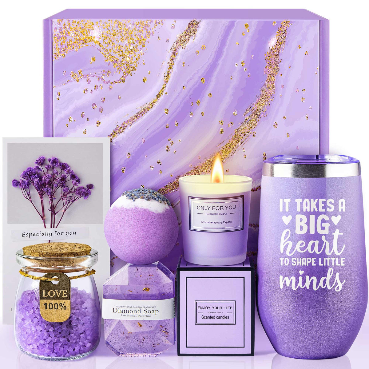 LE CADEAU Lavender Spa Basket packaging showcases thoughtful gift presentation for teachers.