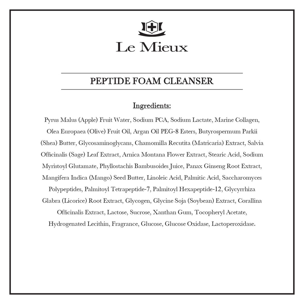 Le Mieux Peptide Foam Cleanser bottle closeup shows no parabens or sulfates.