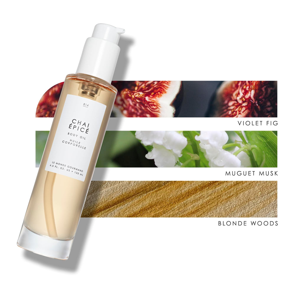Le Monde Gourmand Chai Épicé oil palm application delivers radiant, softly scented skin.