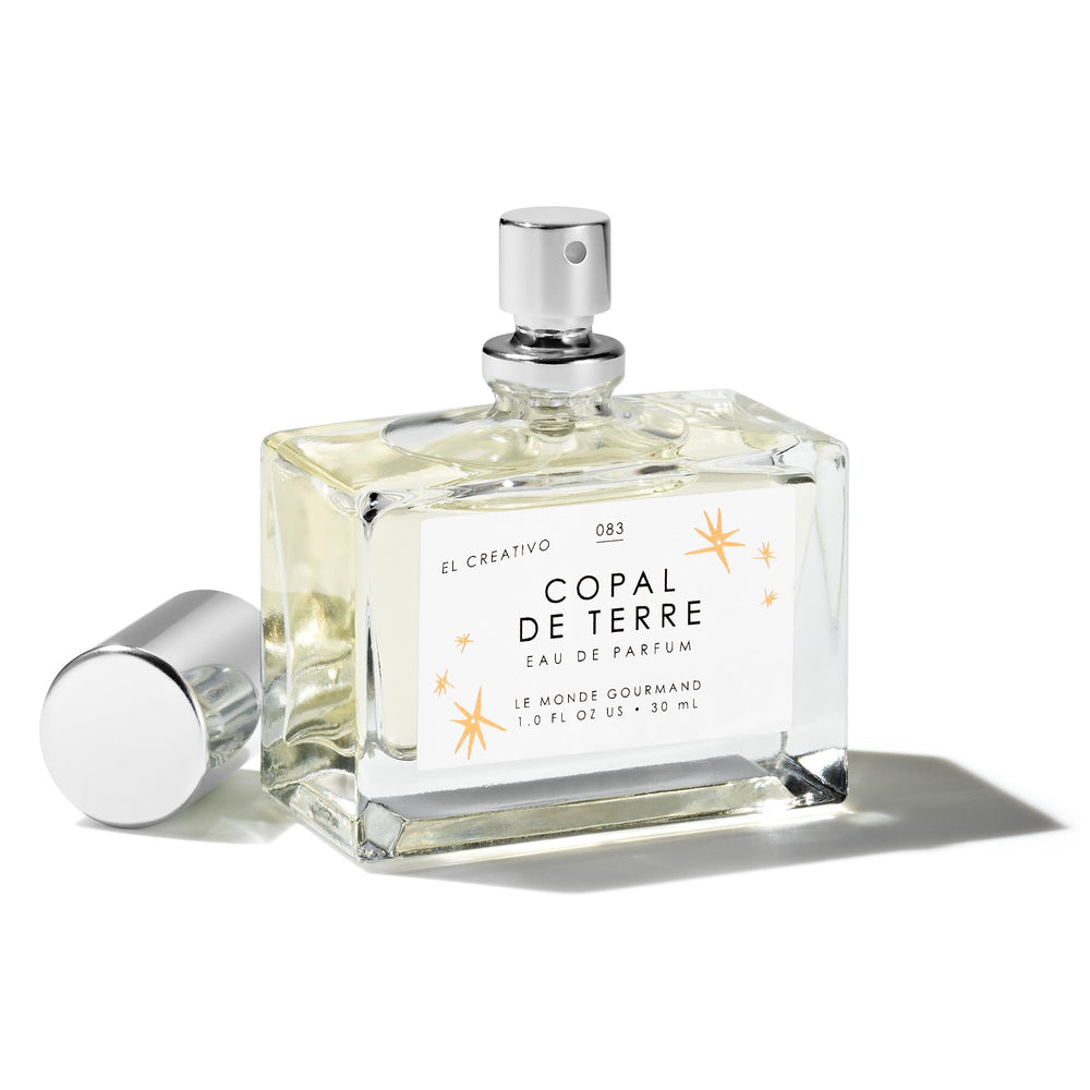 Le Monde Gourmand Copal de Terre packaging display emphasizes premium Mexican-inspired fragrance.