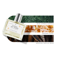 Le Monde Gourmand Copal de Terre mist across blue-cypress top notes for a bright morning.