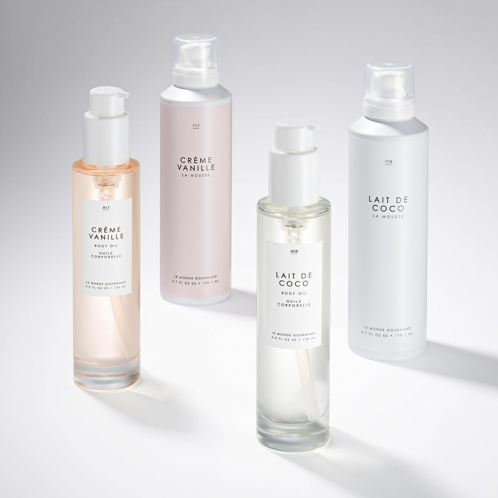 Le Monde Gourmand Crème Vanille Body Oil applied to hands for glow.