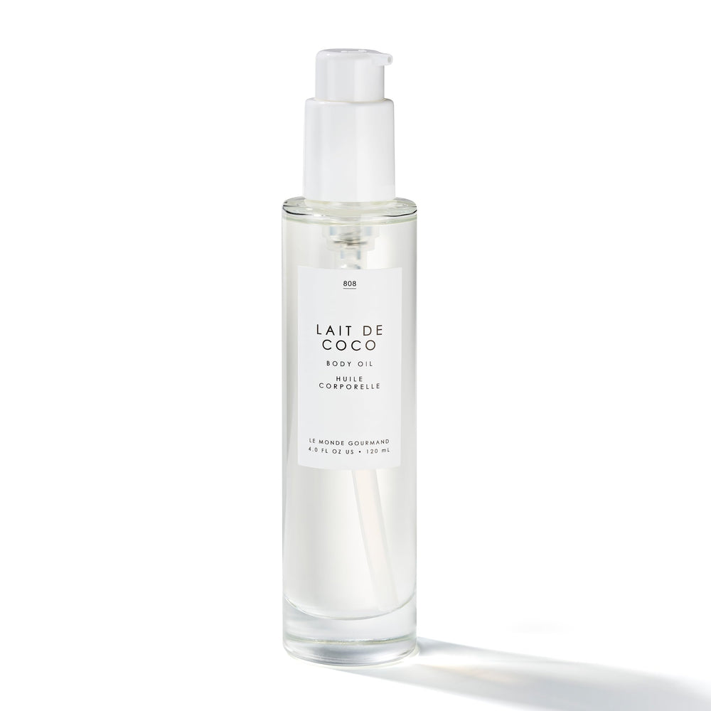 Le Monde Gourmand Lait de Coco Body Oil bottle delivers radiant moisture.