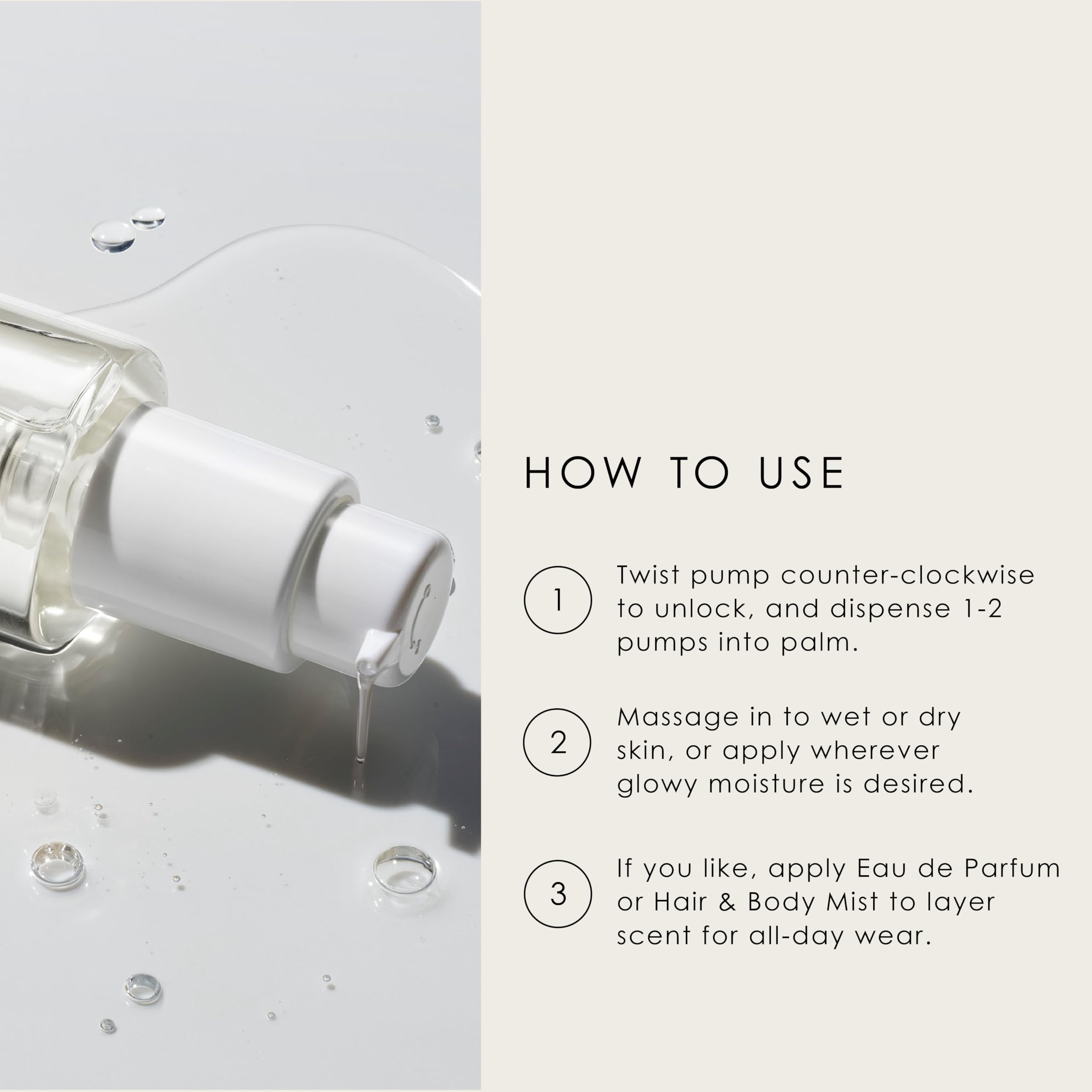 The pump of Le Monde Gourmand Lait de Coco Body Oil demonstrates easy dispensing.
