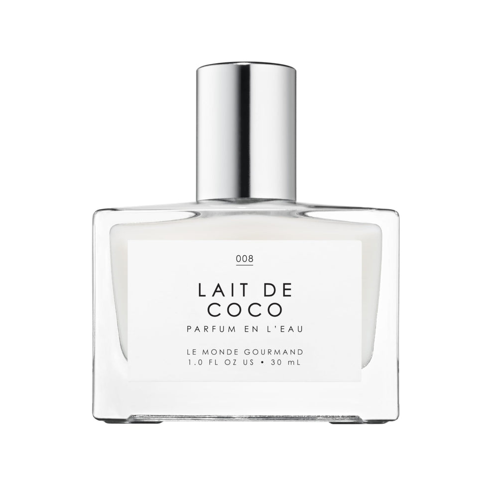 Le Monde Gourmand Lait de Coco spray bottle highlights creamy coconut scent for daily wear.