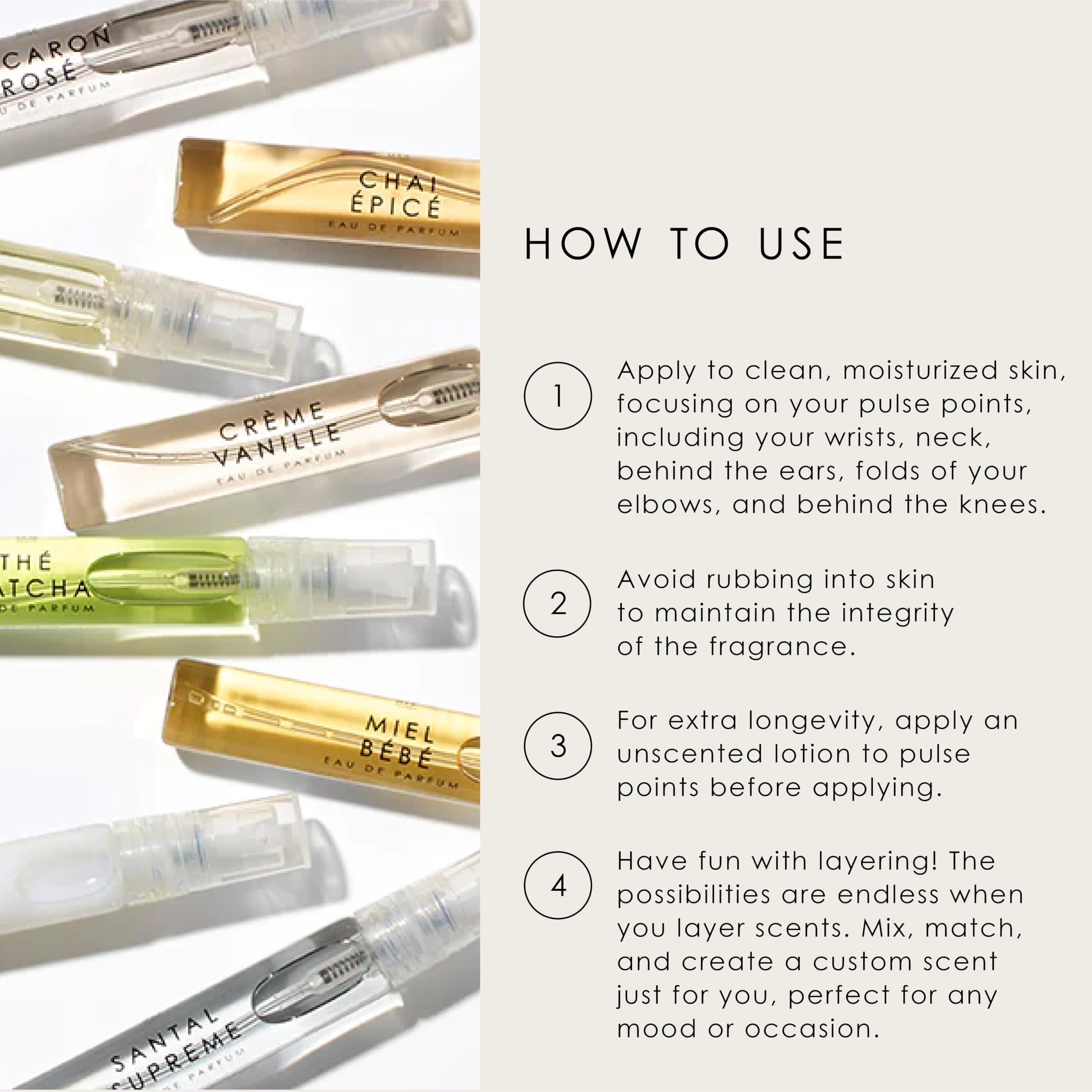 Le Monde Gourmand mini fragrance sprays display ideal for on-the-go sampling.