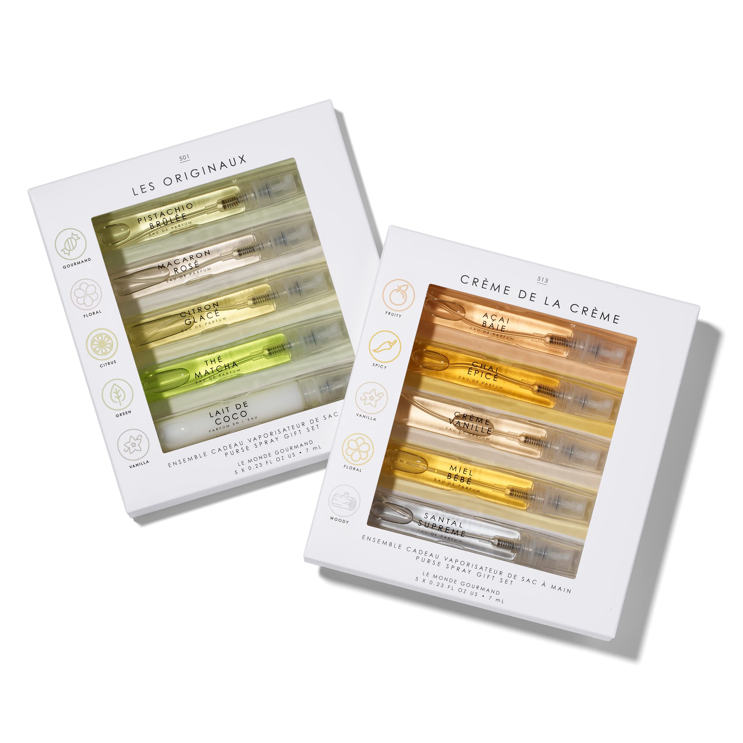 Le Monde Gourmand Parfum de Voyage sample vials front for travel fragrance discovery.
