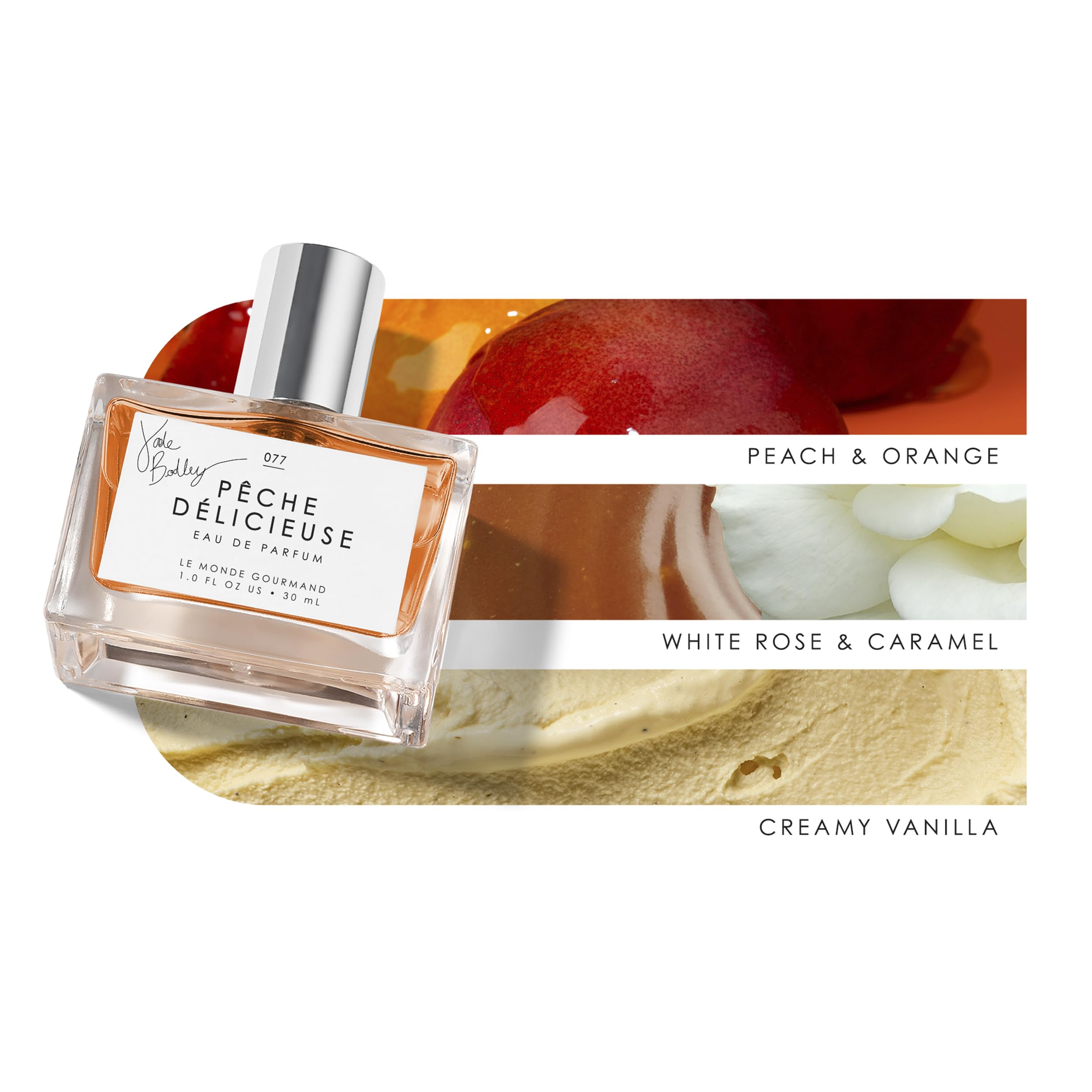 Pêche Délicieuse bottle closeup emphasizes vanilla caramel notes for indulgence