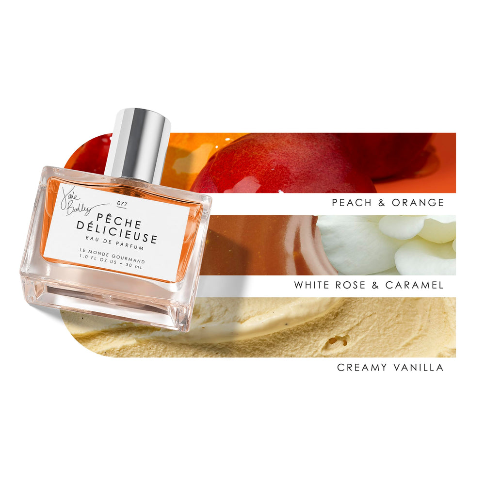 Pêche Délicieuse bottle closeup emphasizes vanilla caramel notes for indulgence