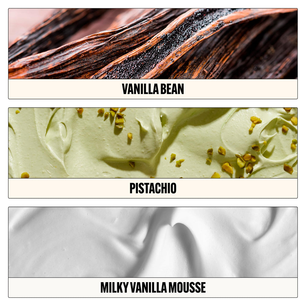 Packaging display of Pistachio Brûlée communicates vegan, cruelty-free luxury