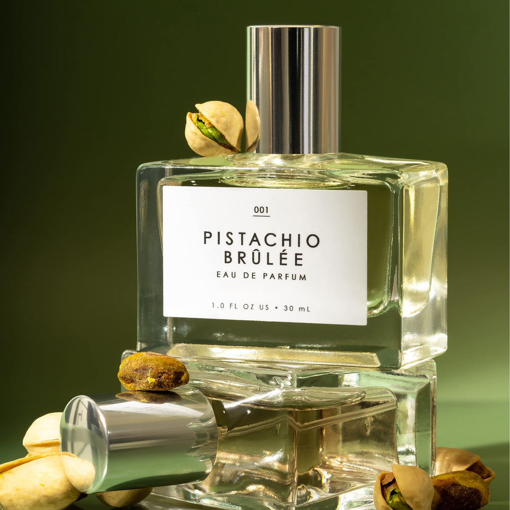 Travel-size Pistachio Brûlée bottle ready for on-the-go refresh