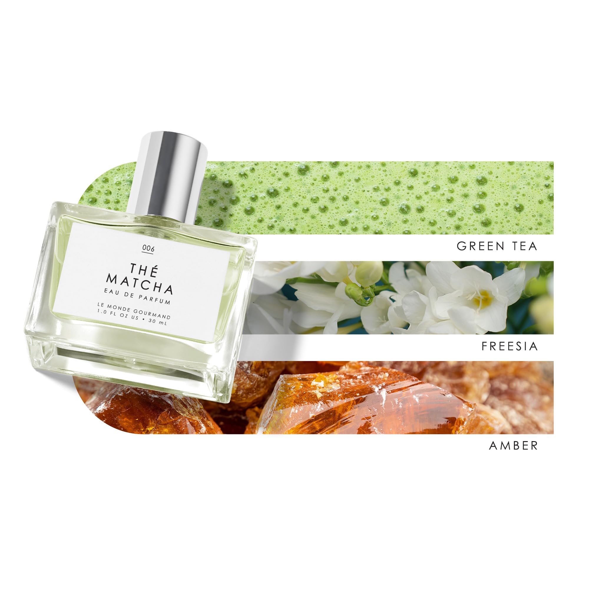 Le Monde Gourmand Thé Matcha amber warmth hints at lasting fragrance.