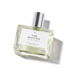 Le Monde Gourmand Thé Matcha bottle closeup showing calming green tea aroma.