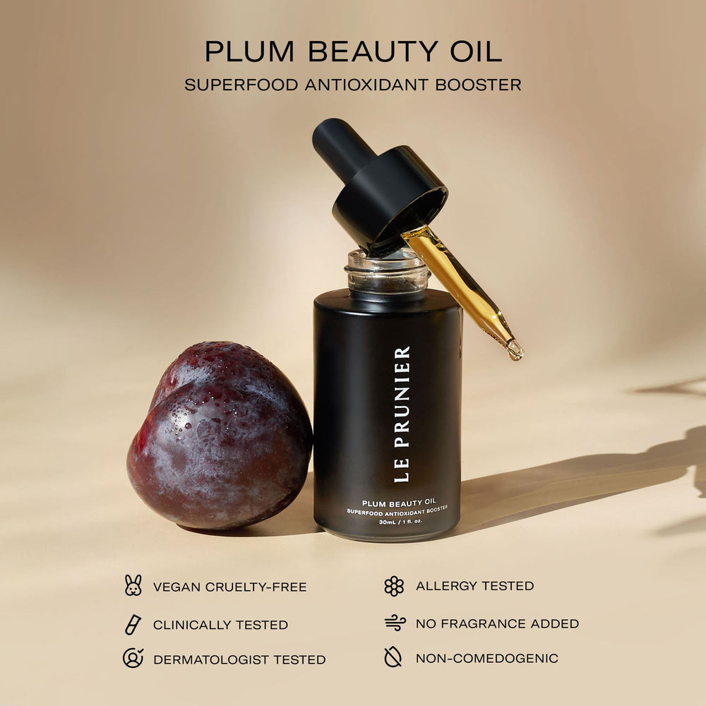 Le Prunier Plum Beauty Oil vanity shot conveys a clean vegan skincare ritual