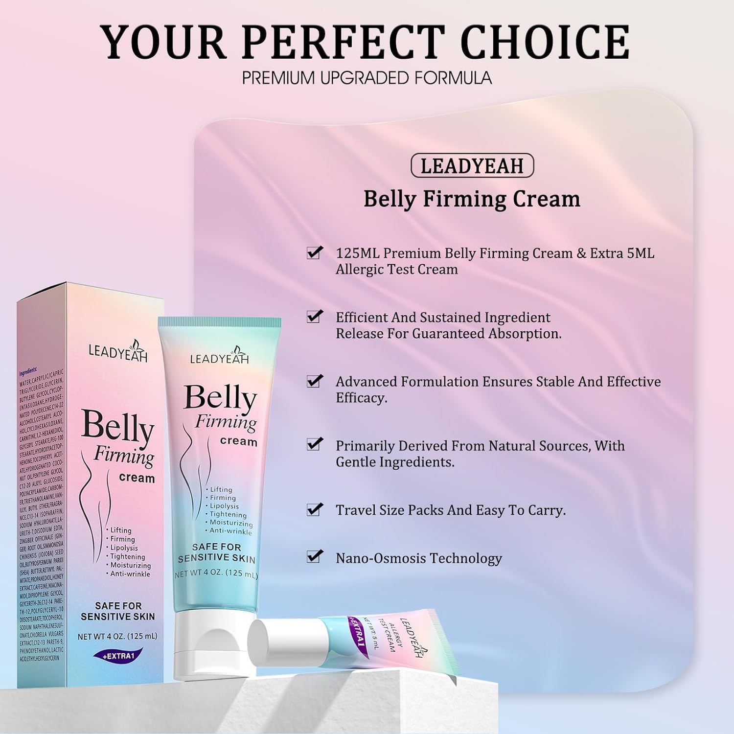 Leadyeah B Flat Belly Cream 5 ml test vial included for sample experience.