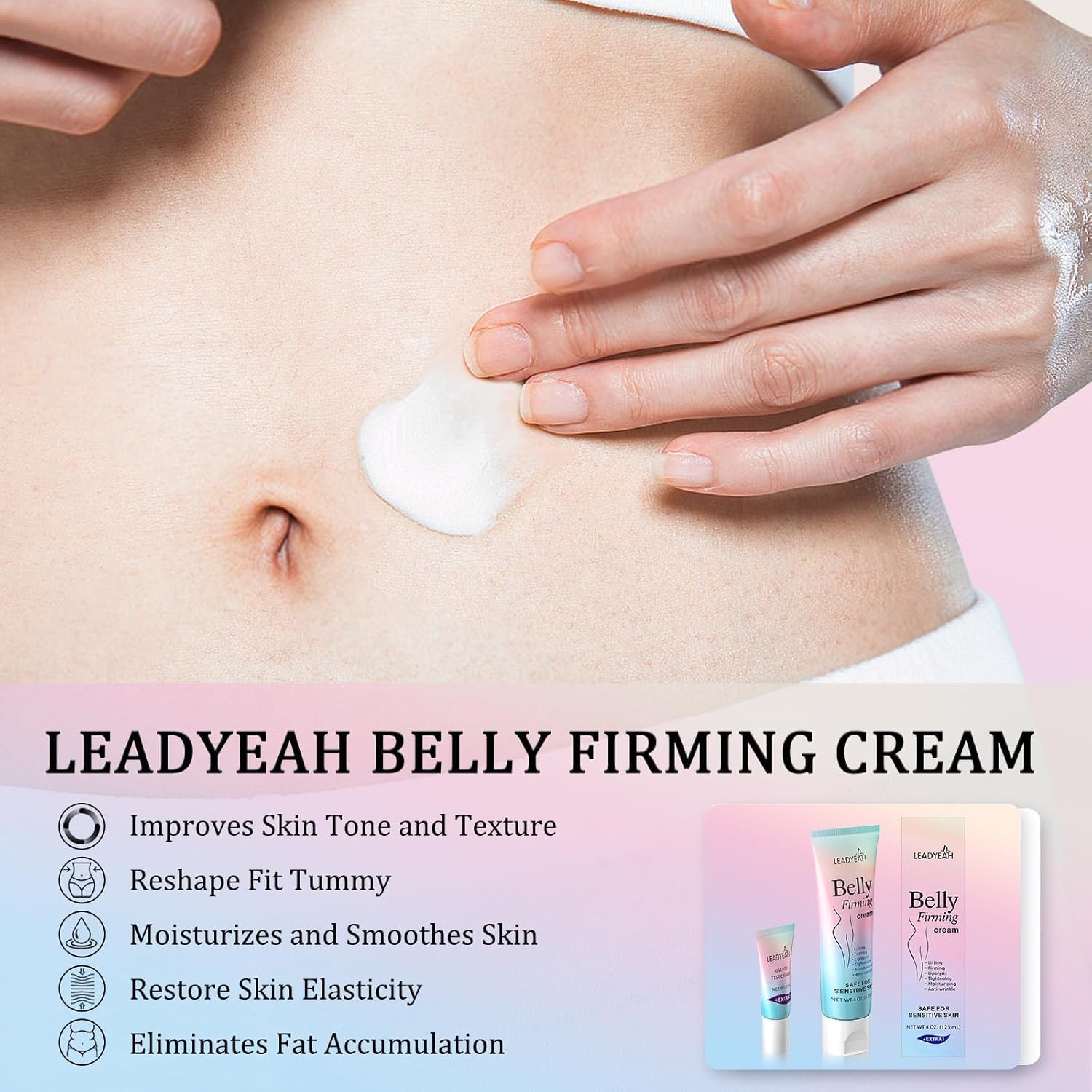 Leadyeah B Flat Belly Cream routine shown as twice-daily application.