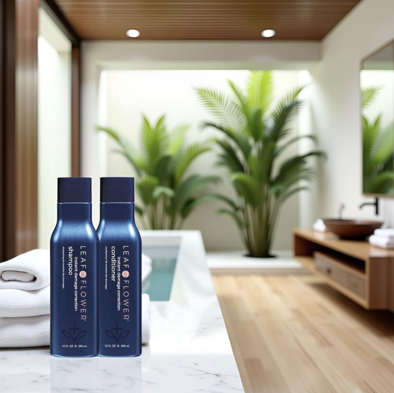 Leaf & Flower conditioner bottle in blue packaging emphasizing deep hydration without weighing hair down
