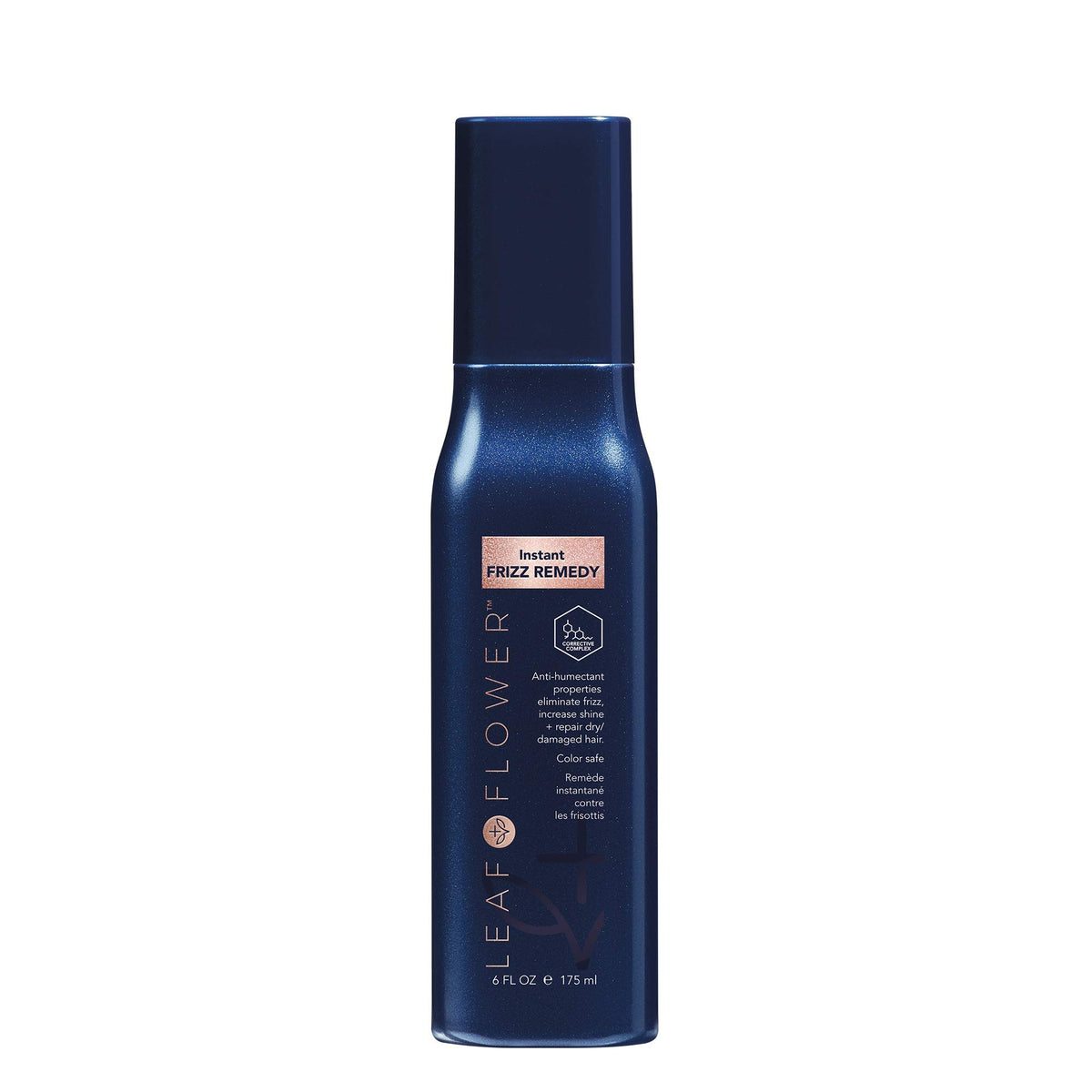 Leaf & Flower Instant Frizz Remedy bottle; heat-activated frizz control for dry hair.