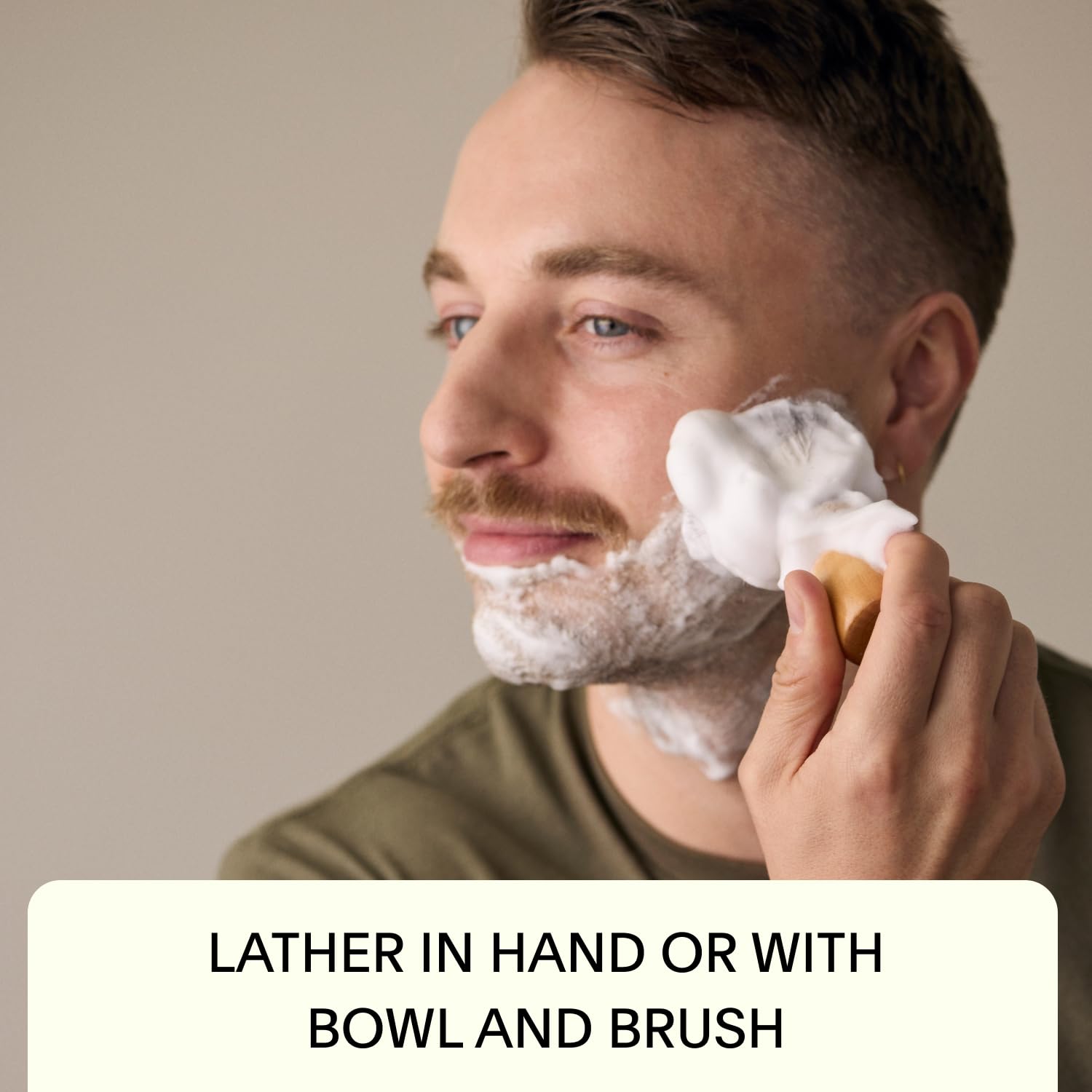 Leaf Shave bowl-and-brush scene illustrates versatile skin prep for all skin types.