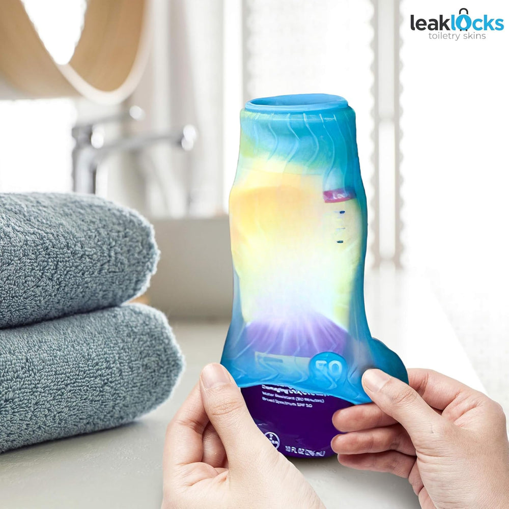 LeakLocks elastic sleeve wrapped around a bottle prevents spills in a crowded suitcase