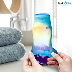 LeakLocks elastic sleeve wrapped around a bottle prevents spills in a crowded suitcase