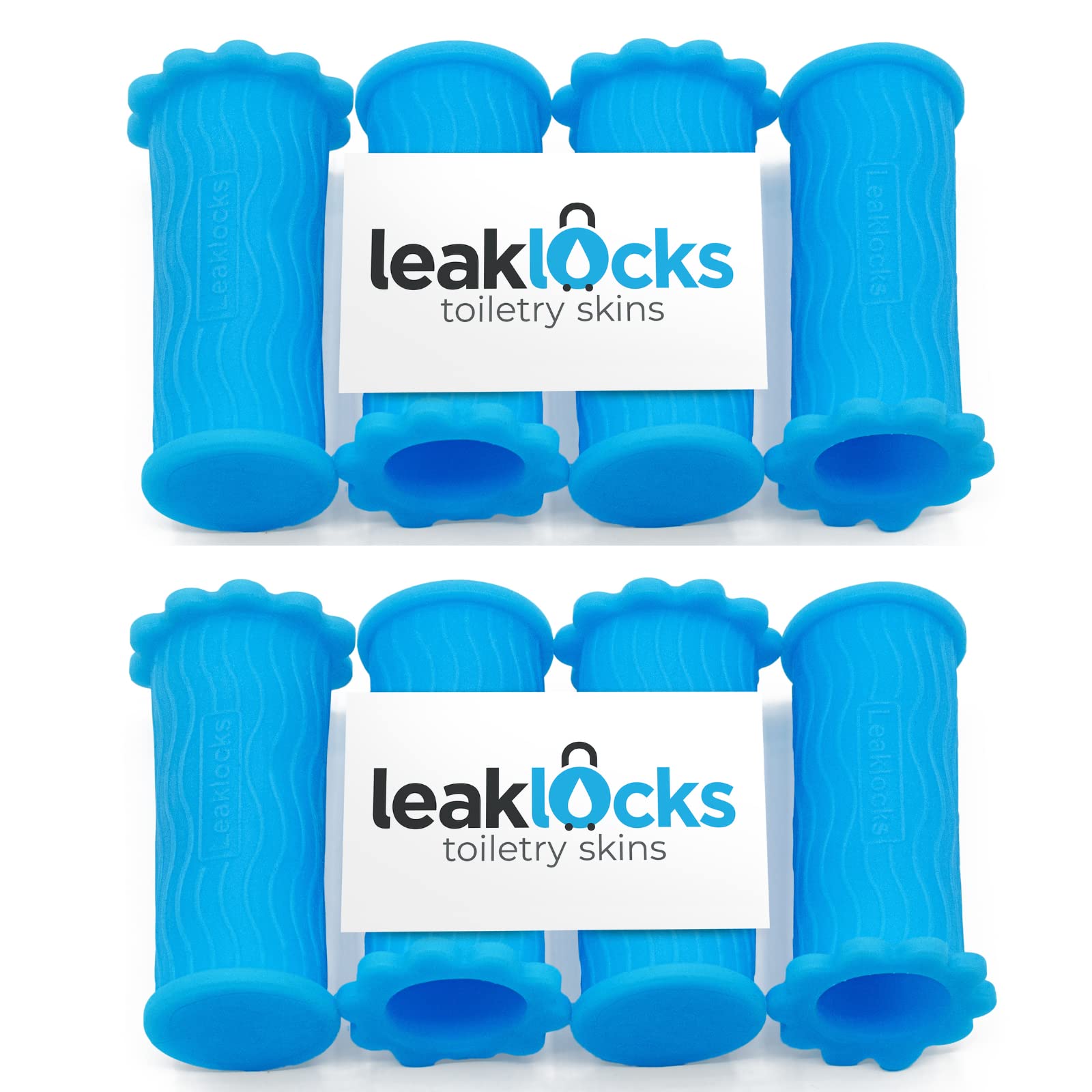 LeakLocks Toiletry Skins 8-pack packaging shows protective sleeves for leaks during travel