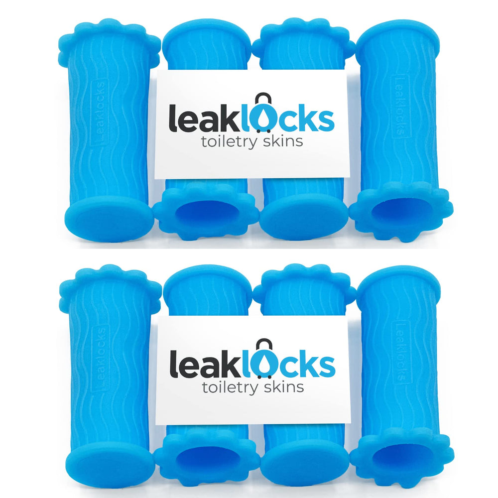 LeakLocks Toiletry Skins 8-pack packaging shows protective sleeves for leaks during travel