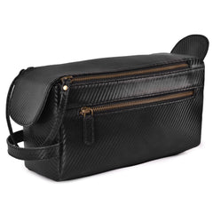 Leather Village carbon-fiber travel toiletry bag front view for organized grooming on trips.