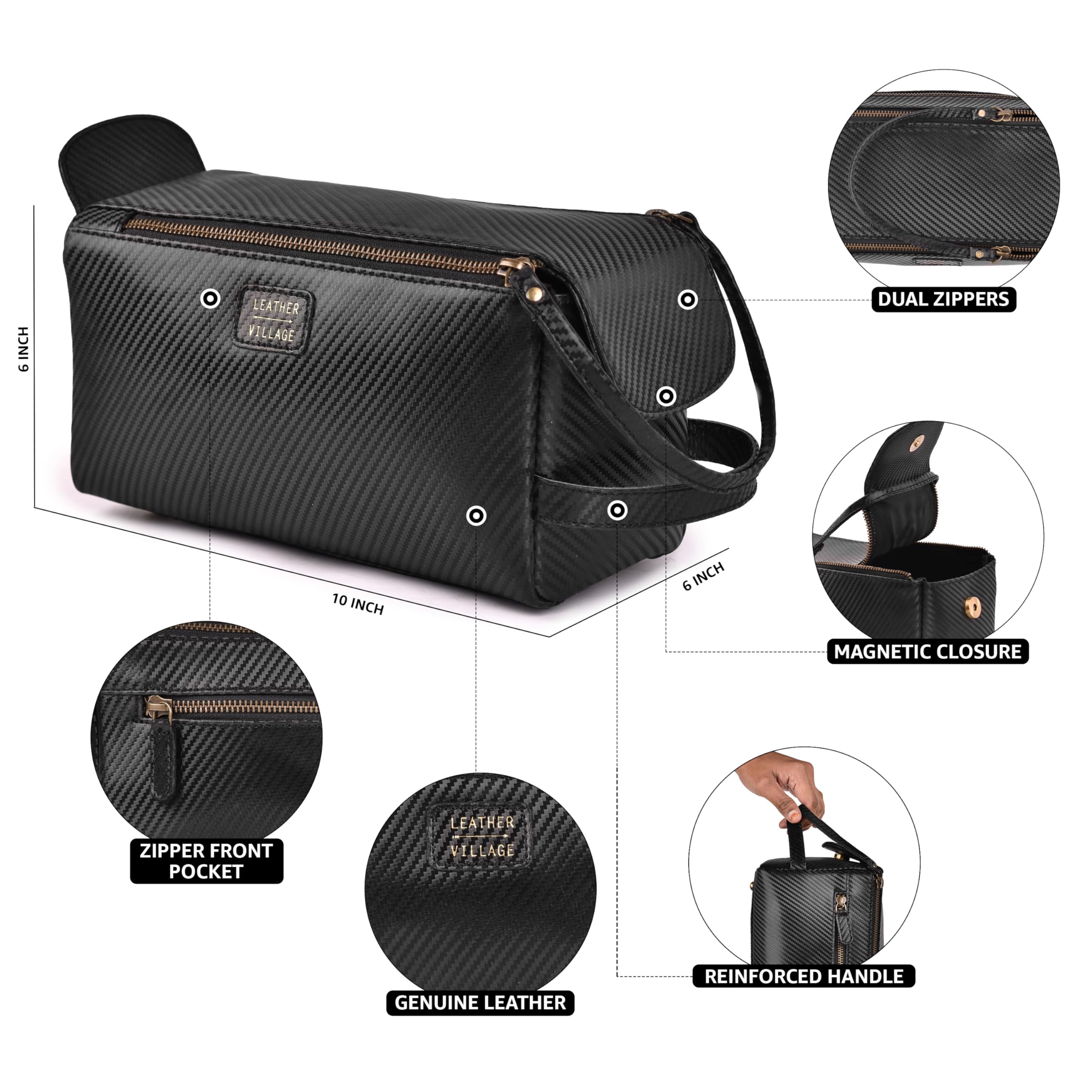 Leather Village compact 10x6x6 inches fits travel essentials neatly.