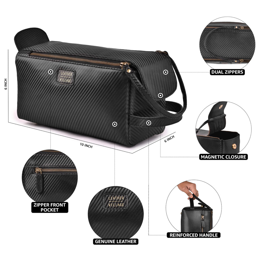 Leather Village compact 10x6x6 inches fits travel essentials neatly.