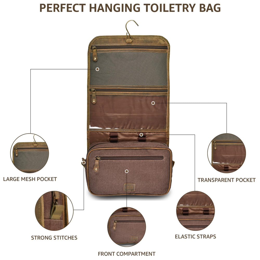 LEATHER VILLAGE Dopp Kit brass fittings closeup for classic, durable hardware.