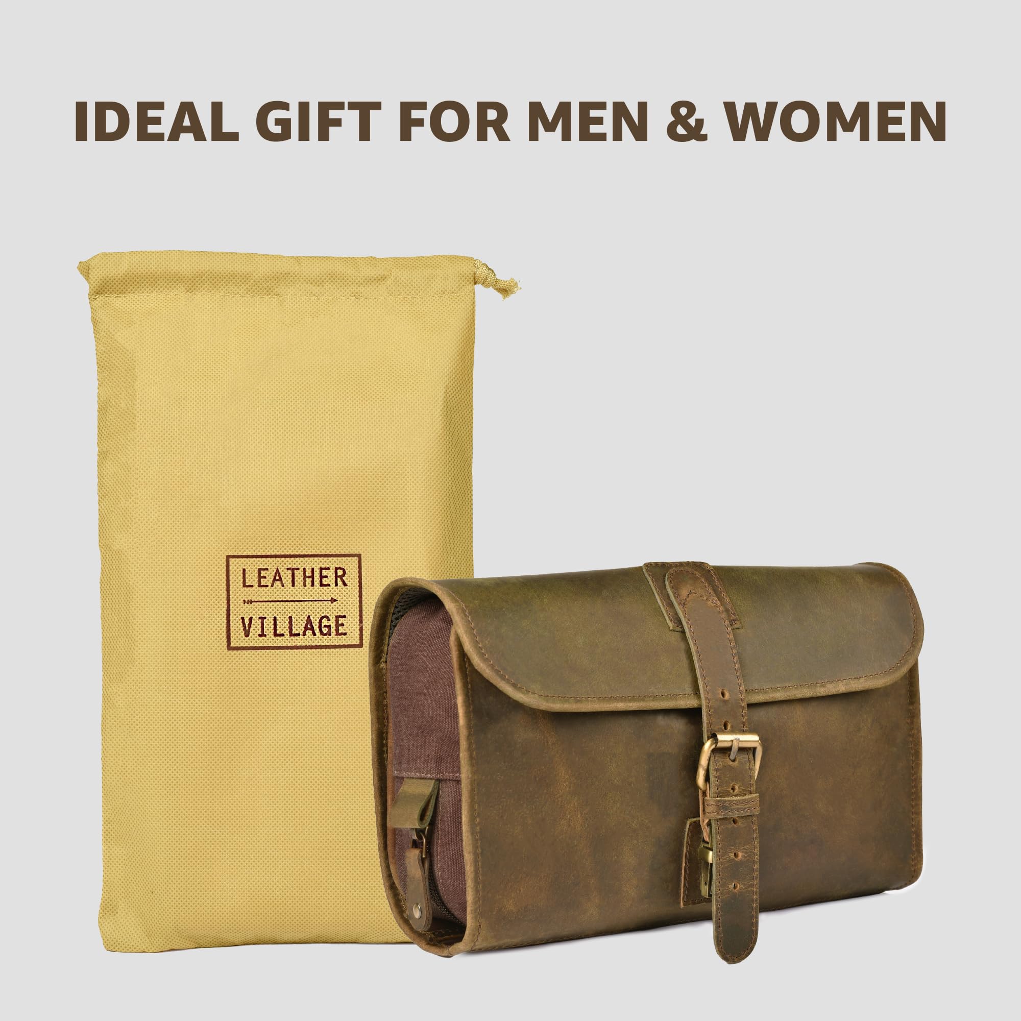 LEATHER VILLAGE Dopp Kit hanging-hook closeup for clutter-free hotel counters.