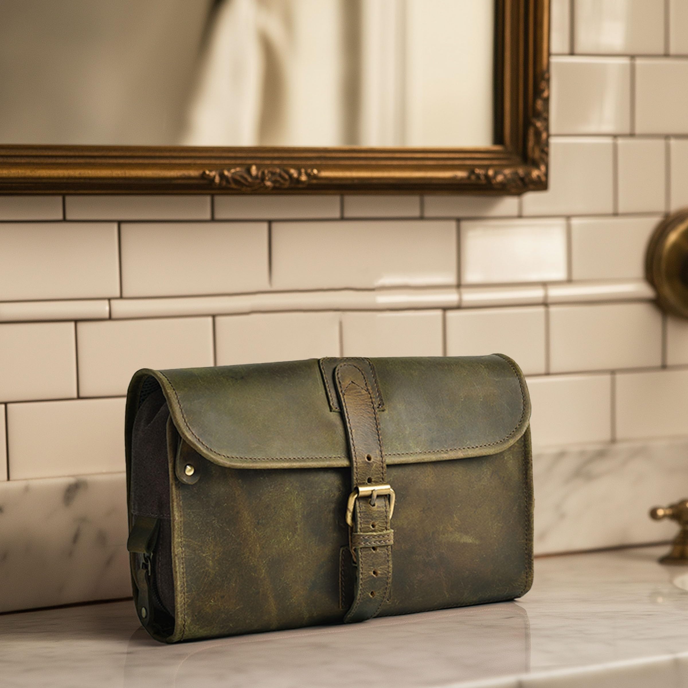 LEATHER VILLAGE Dopp Kit open compartments reveals organized storage for grooming items.