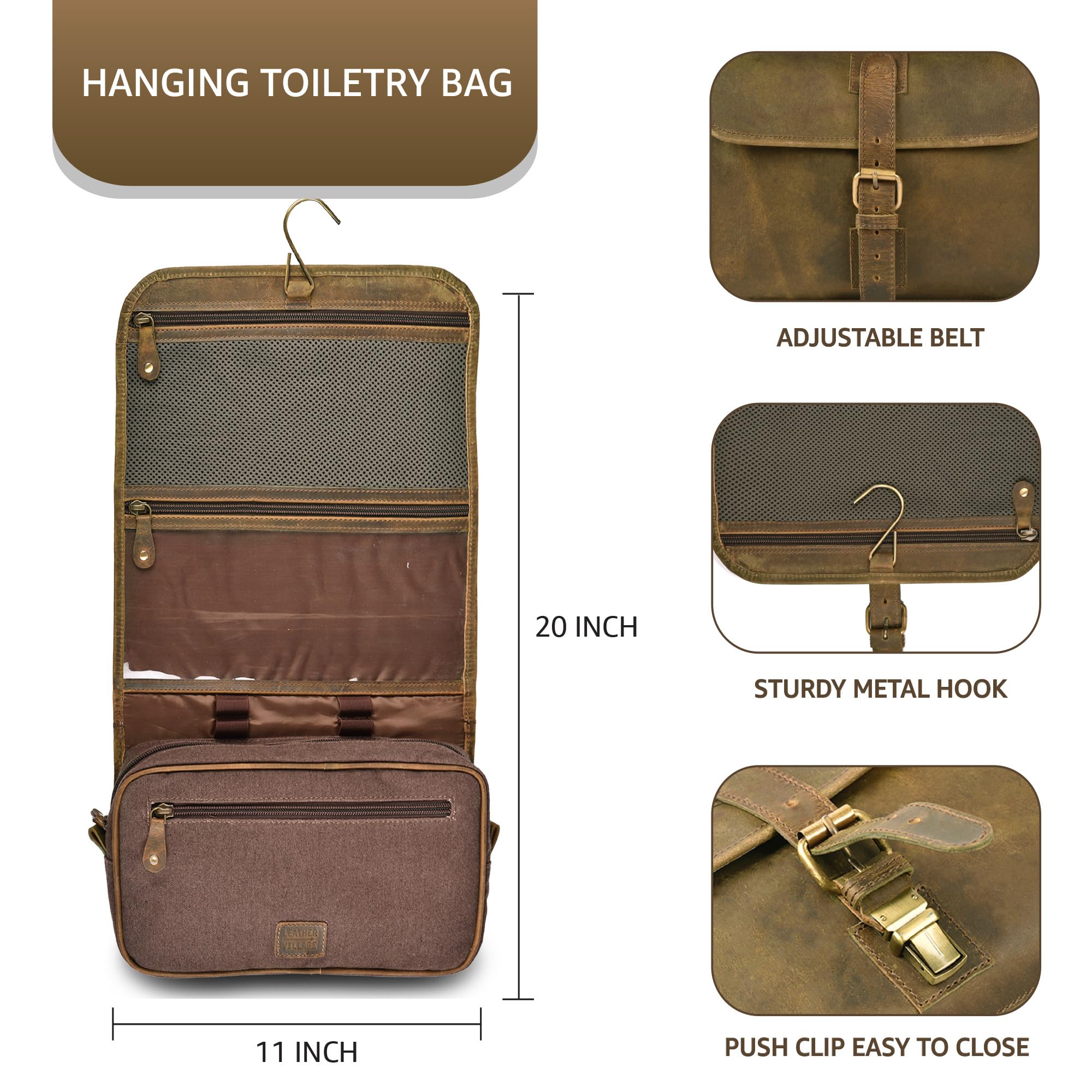 LEATHER VILLAGE Dopp kit waterproof lining closeup demonstrates spill protection on the go.
