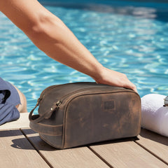 Leather Village dopp kit waterproof lining closeup showcases resilient interior for travel essentials.