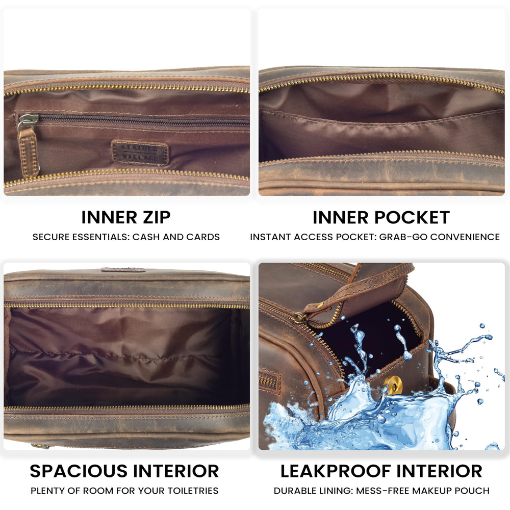 Leather Village exterior metal zipper detail adds rugged travel-ready appeal.