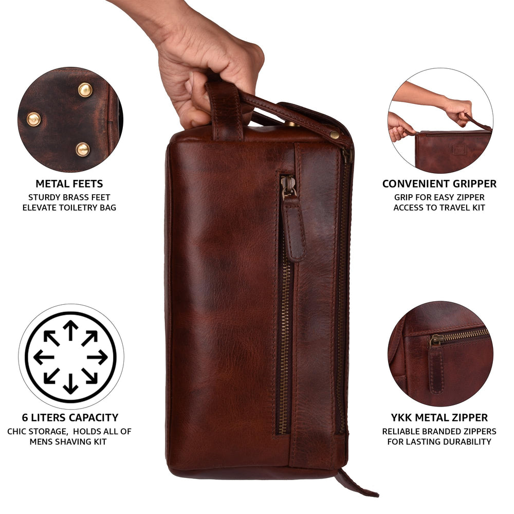 Leather Village exterior pocket and interior pockets streamline toiletries organization.