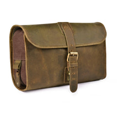LEATHER VILLAGE Hanging Leather Toiletry Bag Mud front view showcases durable full-grain buffalo leather.