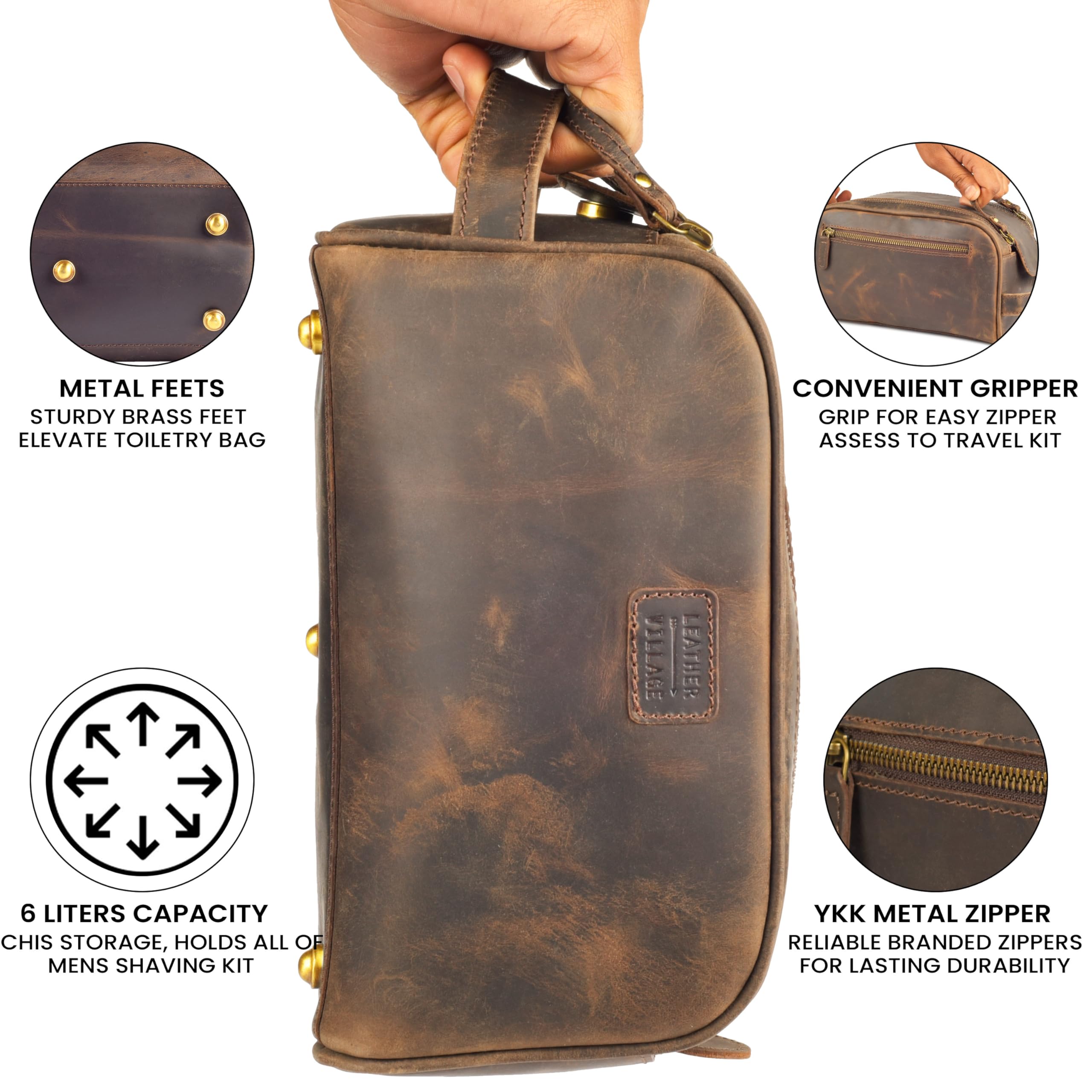 Leather Village interior water-resistant lining protects contents and stays tidy.