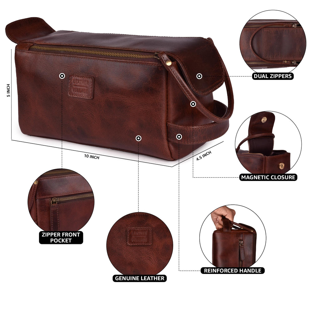 Leather Village magnetic button closure offers practical access on the go.