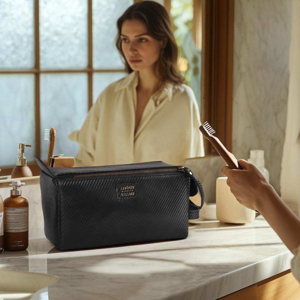 Leather Village premium carbon leather craftsmanship close-up for durable travel companion.
