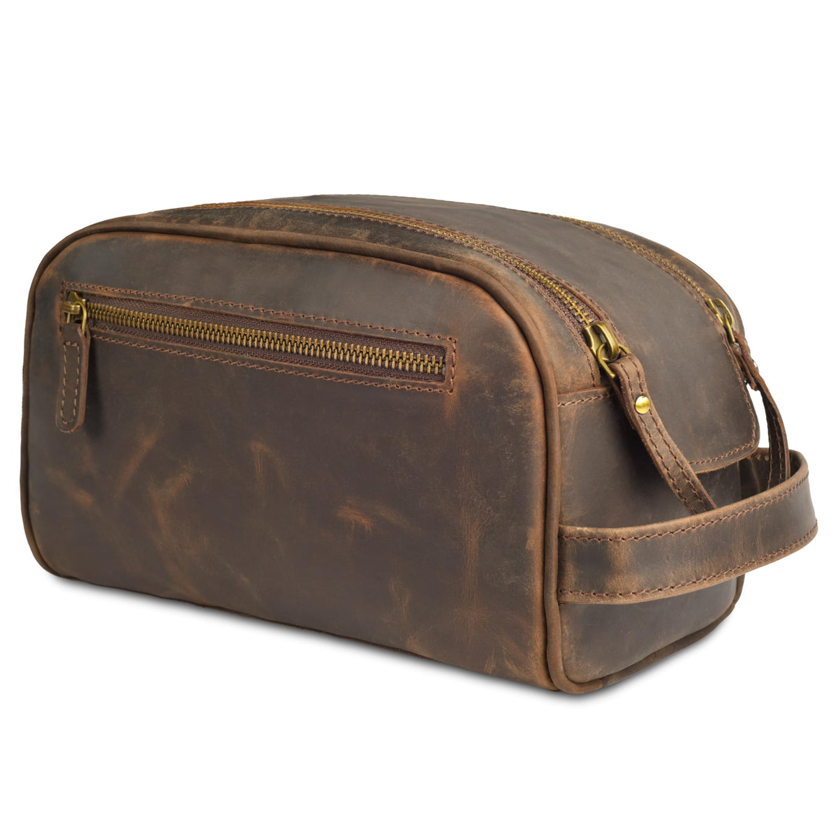Leather Village premium leather toiletry bag front view highlighting craftsmanship and classic design.