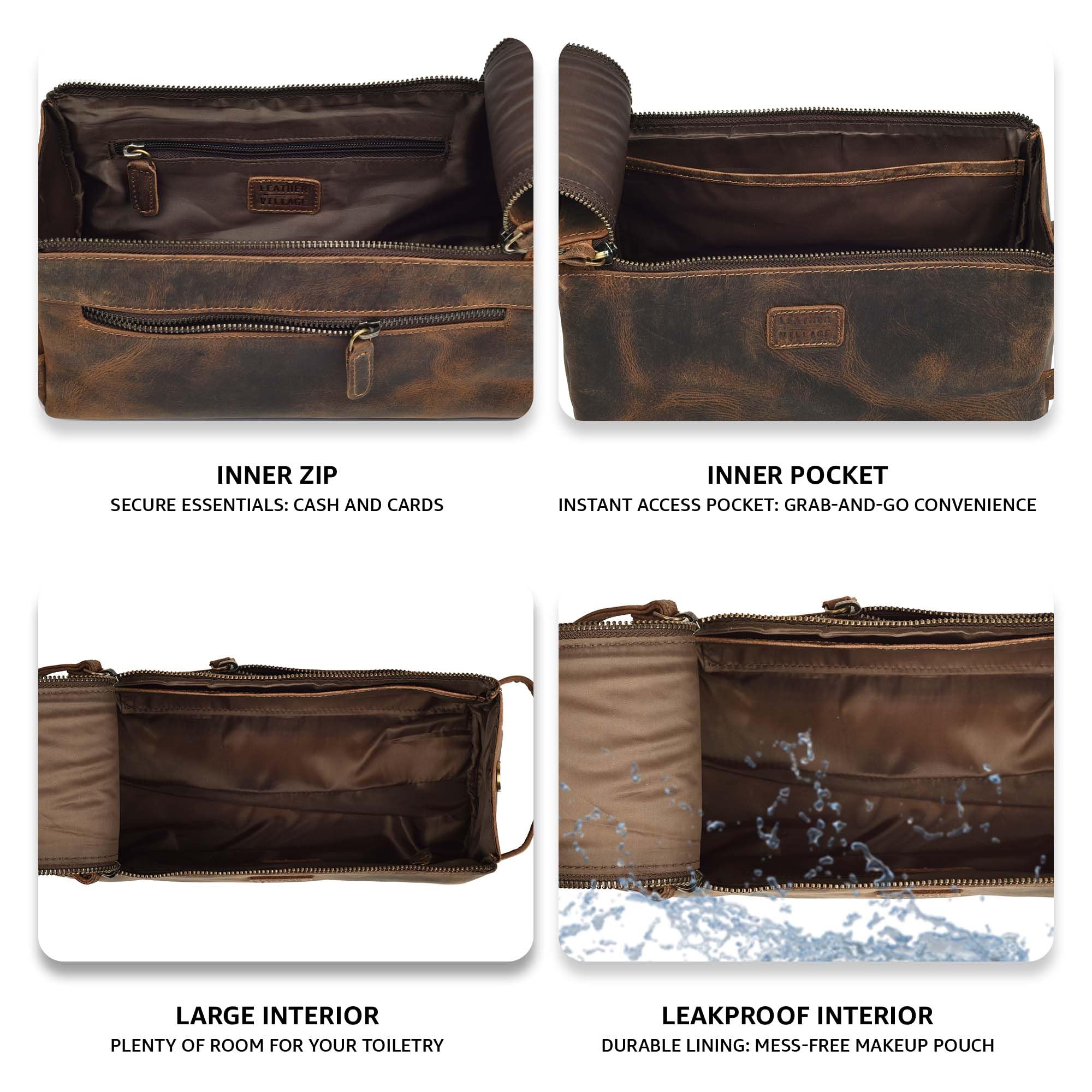LEATHER VILLAGE Premium Leather Travel Toiletry Bag exterior pocket for quick access