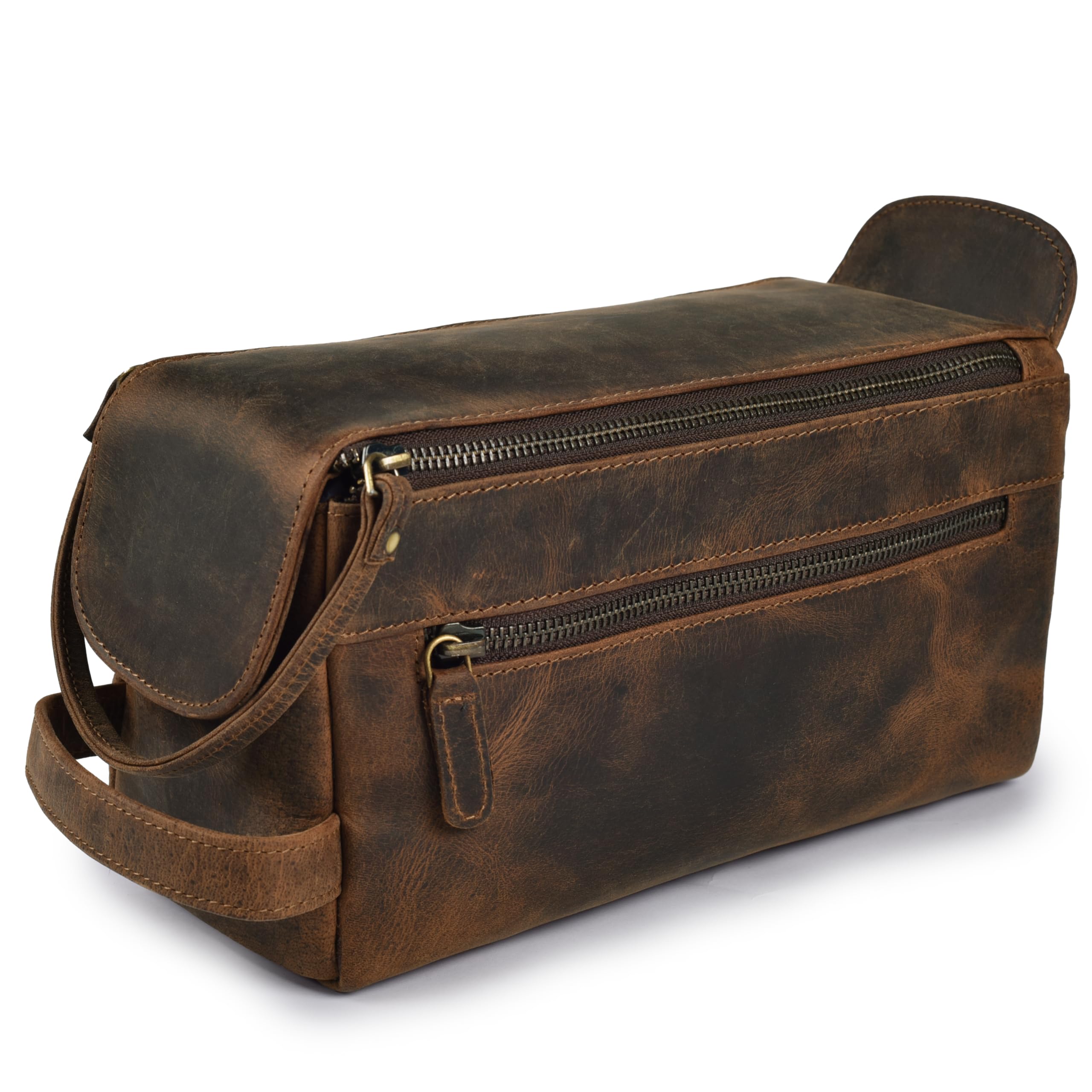 LEATHER VILLAGE Premium Leather Travel Toiletry Bag front view highlights rugged durability