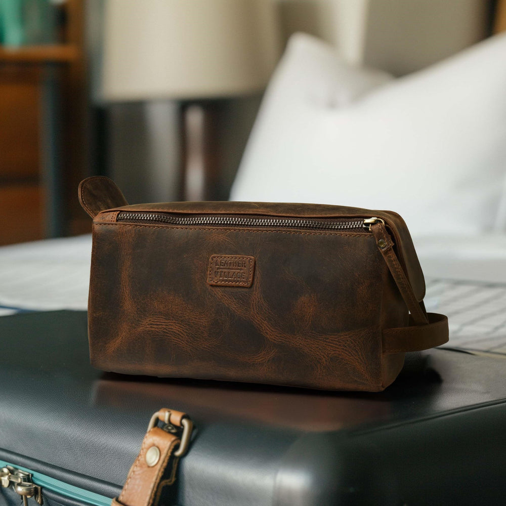 LEATHER VILLAGE Premium Leather Travel Toiletry Bag gift-ready design for him or her