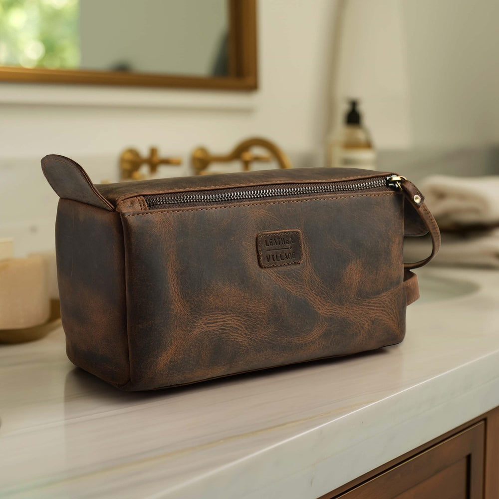 LEATHER VILLAGE Premium Leather Travel Toiletry Bag interior view shows organized compartments