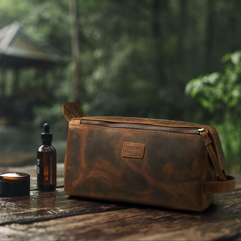 LEATHER VILLAGE Premium Leather Travel Toiletry Bag patina-ready leather over time