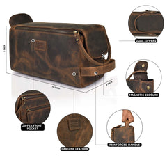 LEATHER VILLAGE Premium Leather Travel Toiletry Bag waterproof interior keeps essentials dry