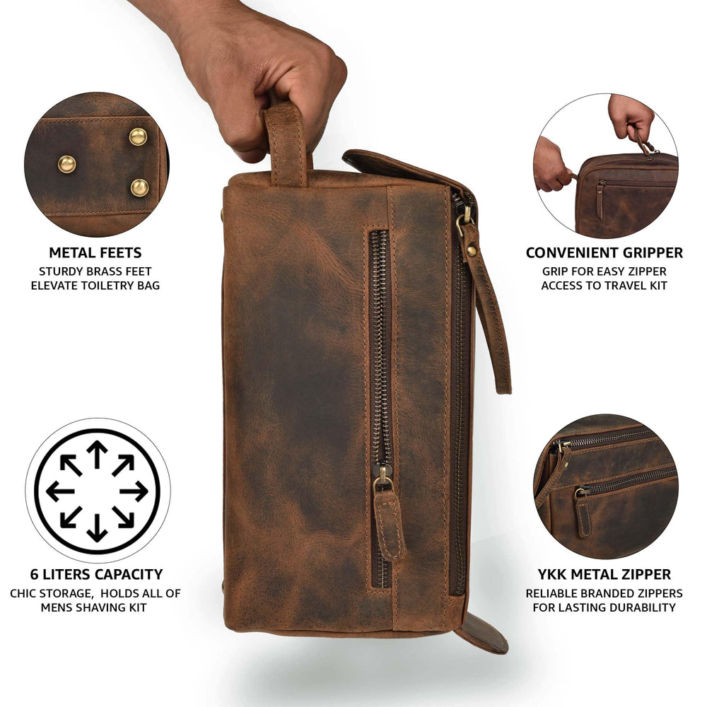 LEATHER VILLAGE Premium Leather Travel Toiletry Bag YKK zippers ensure smooth closure